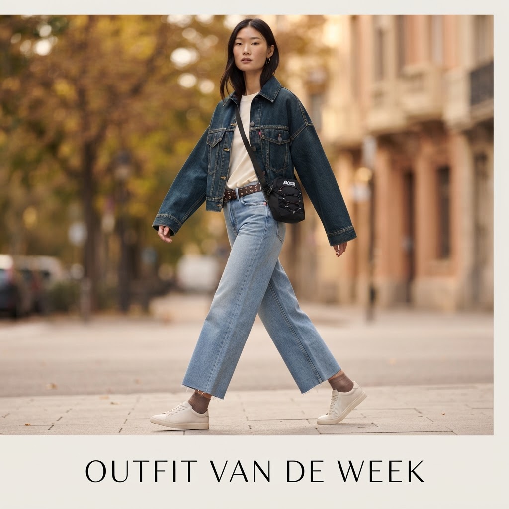 Roomwit top met Levi's trucker jas en jeans