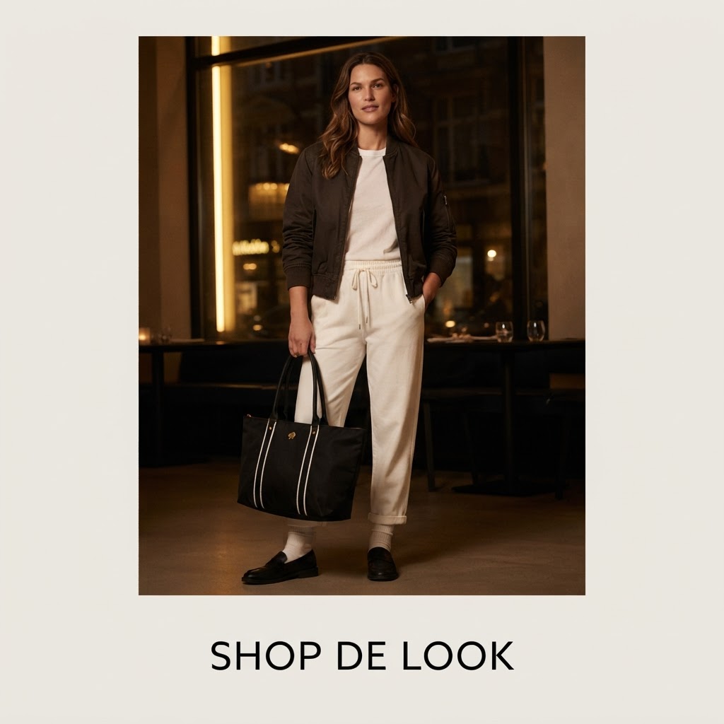 Wit top, wit broek en bruin pilotenjack
