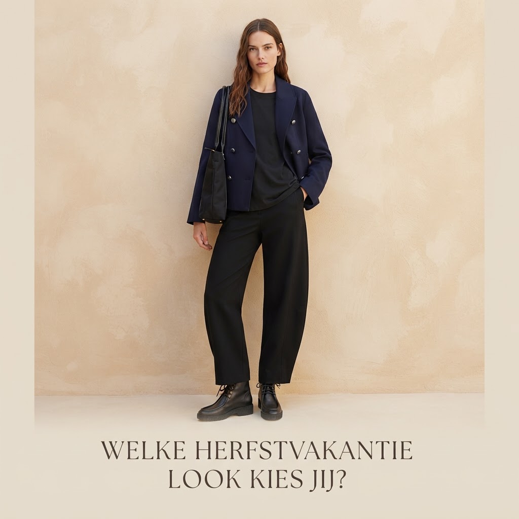 Relaxte outfit met marineblauwe jas en zwarte broek