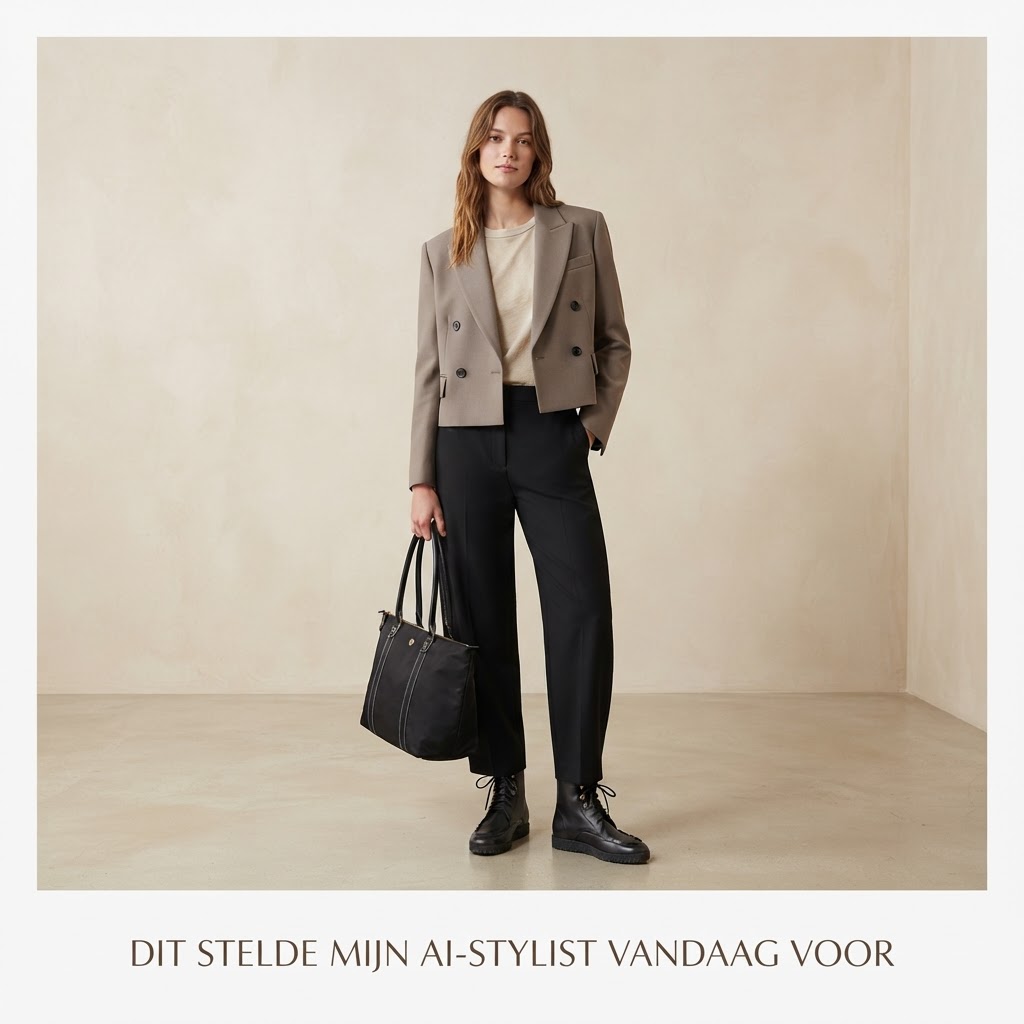 AI Outfit: Taupe blazer met zwarte barrel-pijp broek en T-shirt