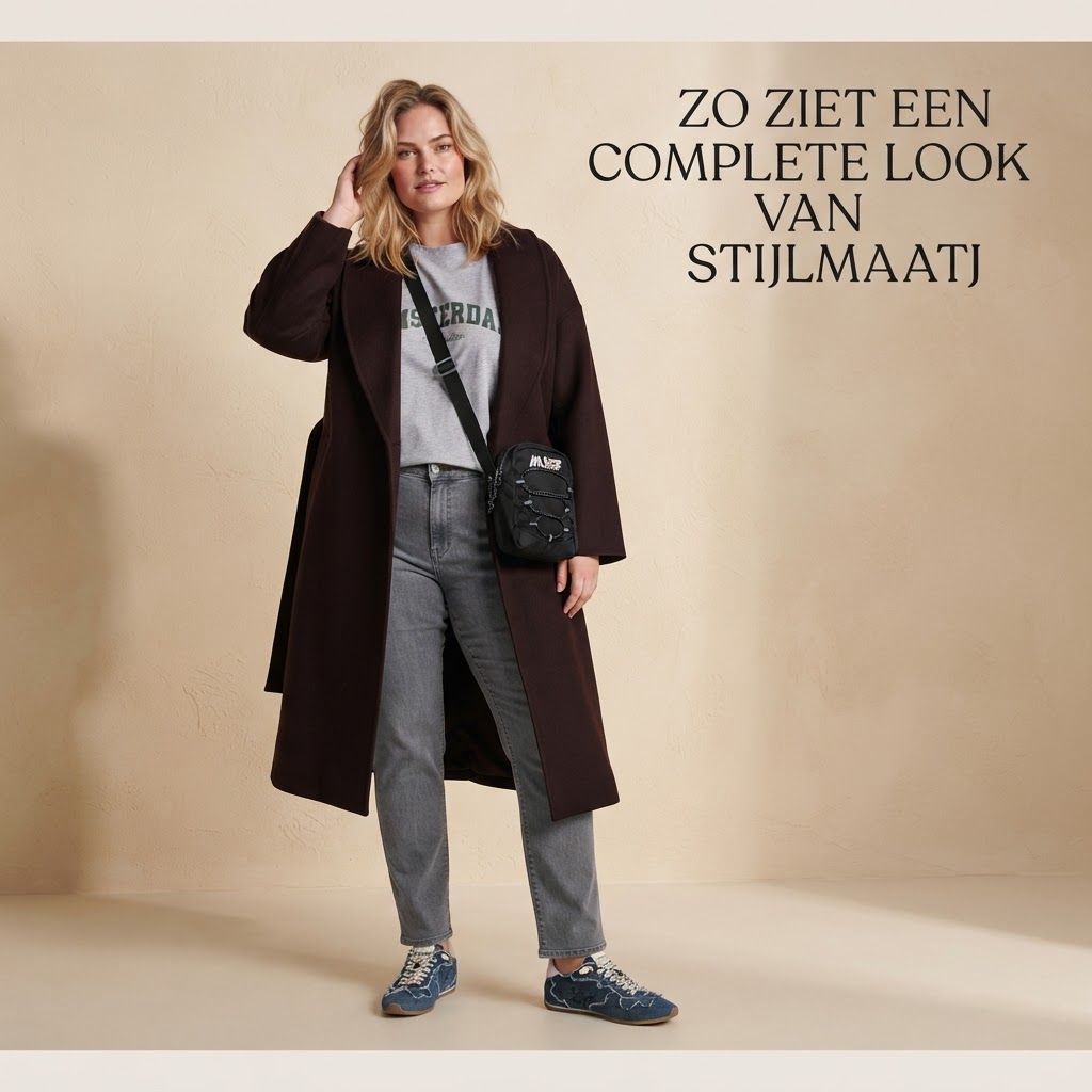 Grijs jeans en top met donkerbruin jas