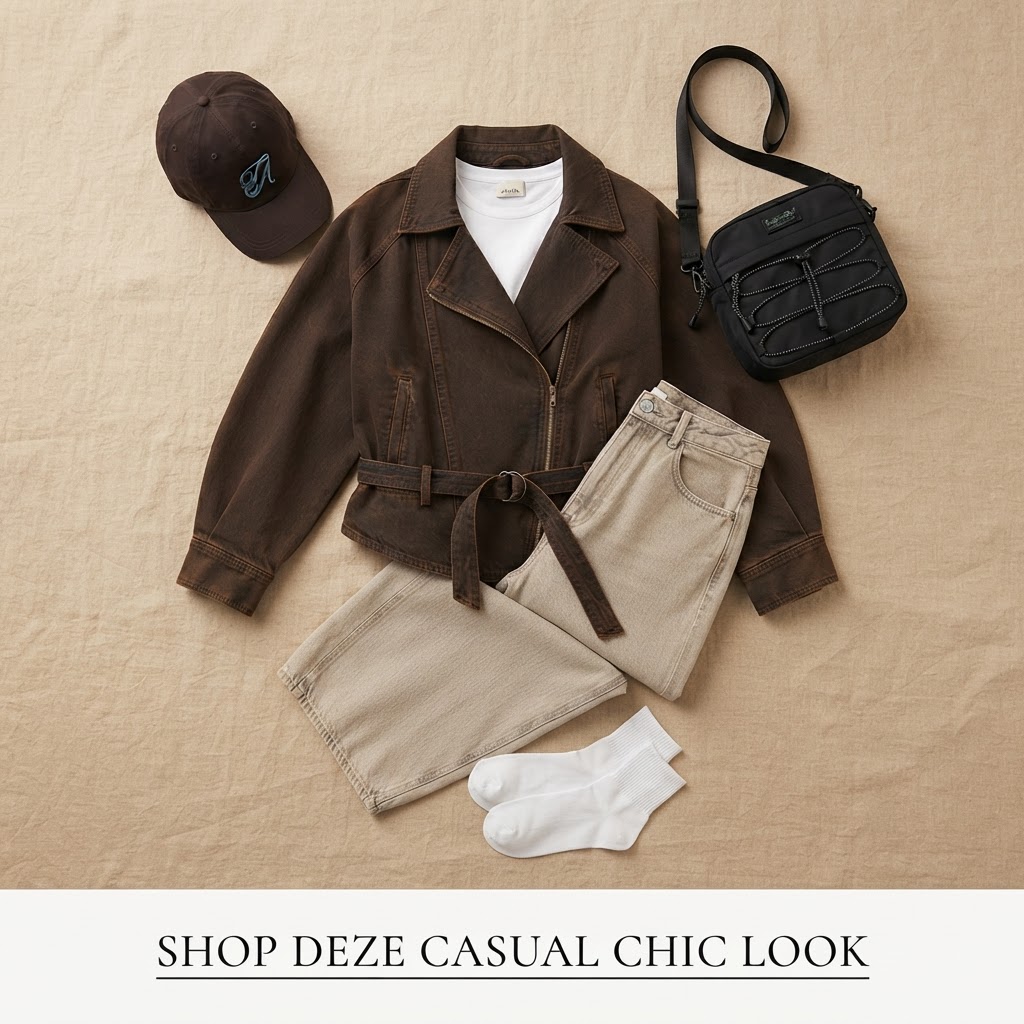 Casual look met bruin pilotenjack en dusty lichtbeige jeans