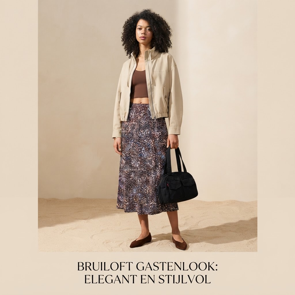 Bruine top en rok met beige blazer