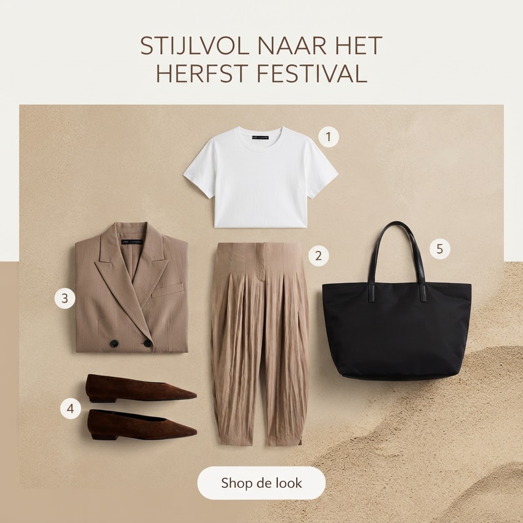 Taupe blazer met taupe broek en t-shirt top