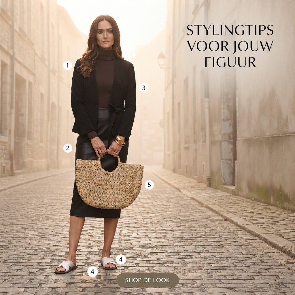 Donkerbruine top met vegan leather rok en korte blazer