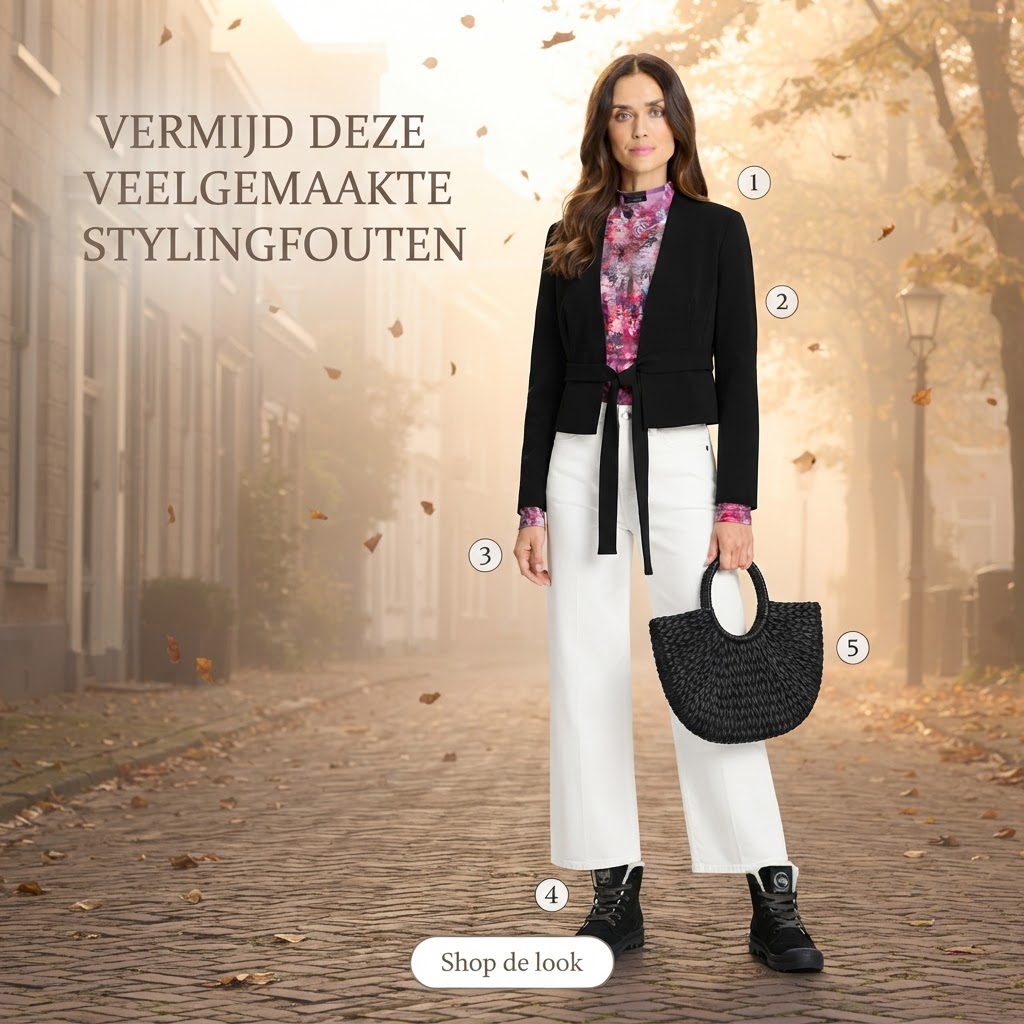 Lila top met witte jeans en korte blazer