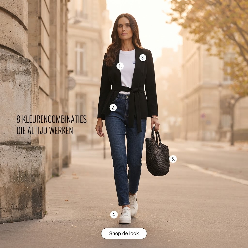 Outfit met korte blazer, wit top en dark jeans