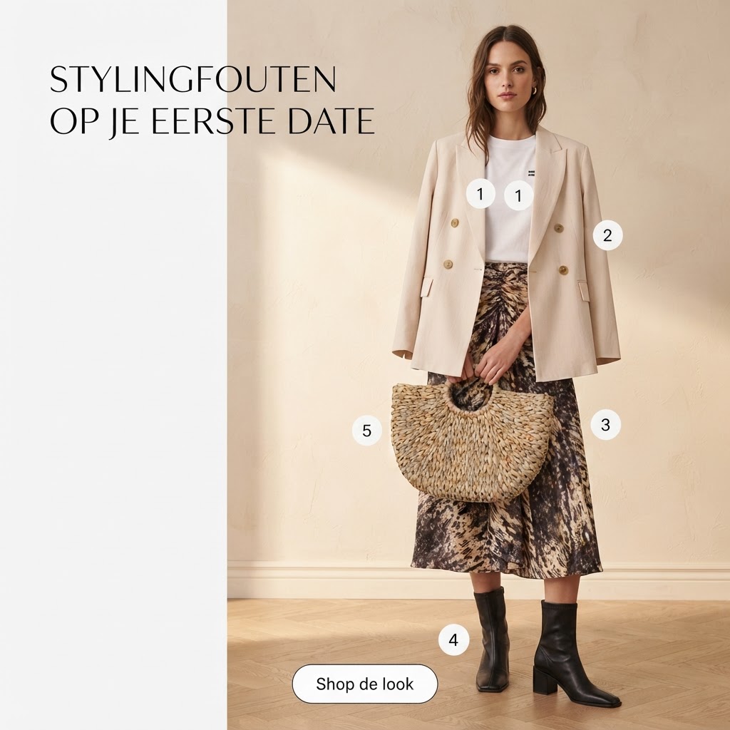 Outfit met lichtbeige blazer, beige rok en wit top