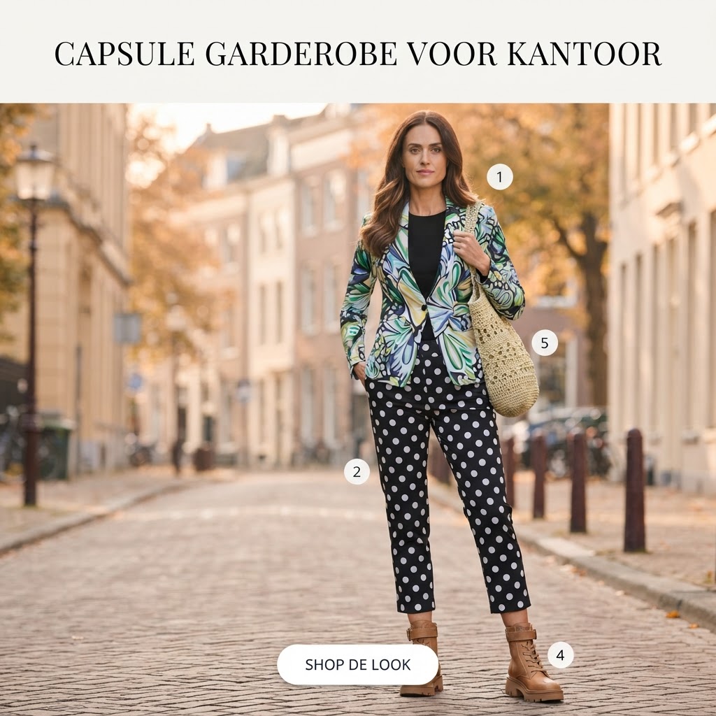 Zwart top met blazer, zwart broek en bruine schoenen