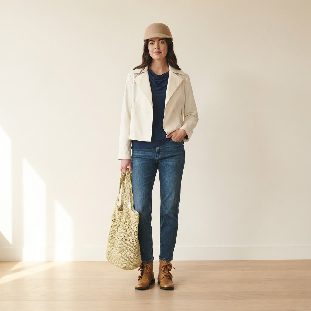 Navy top met blauwe broek en witte jas