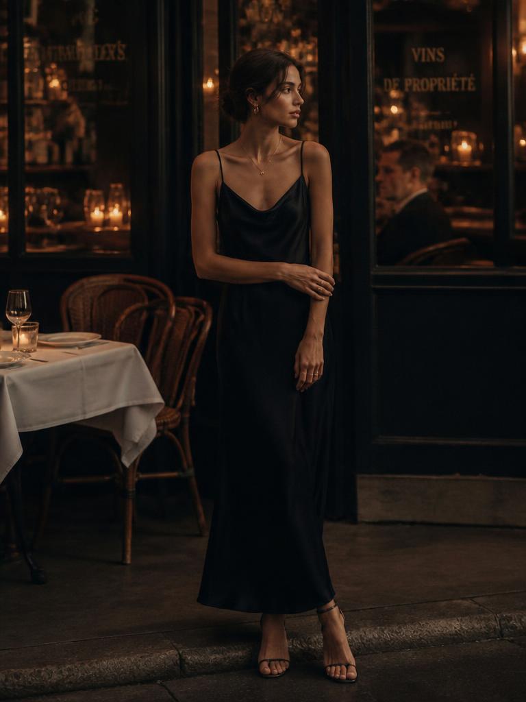 Vrouw in een donkere elegante jurk in een sfeervol restaurant