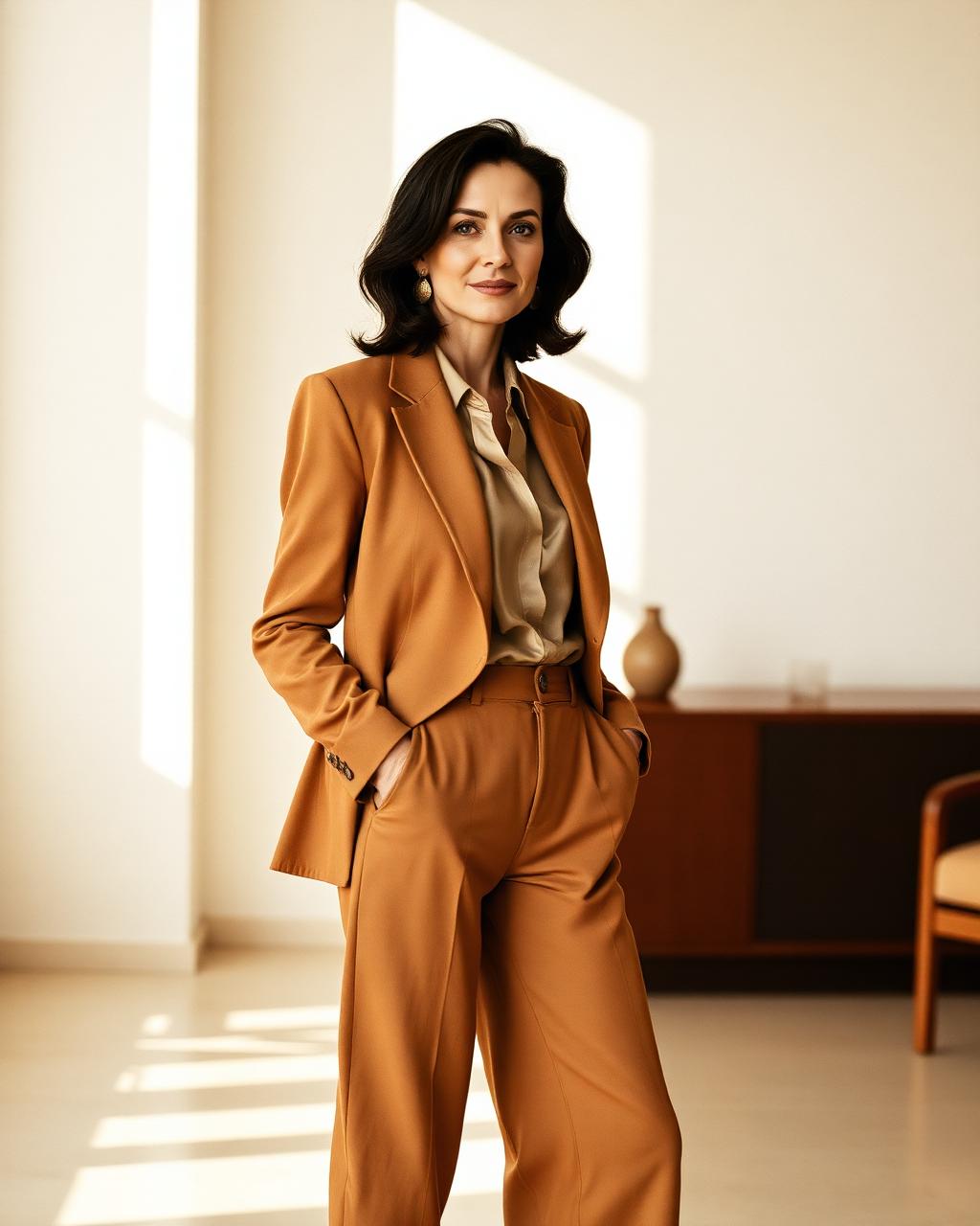 Vrouw in blazer en wijde pantalon in een licht interieur