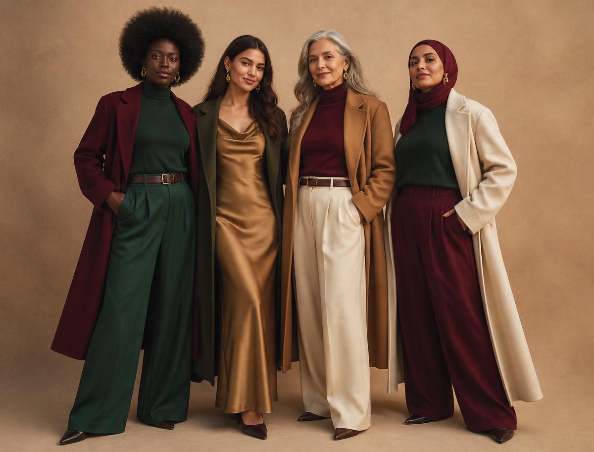 Vier vrouwen met verschillende huidskleuren, leeftijden en maten in kleurrijke luxe outfits