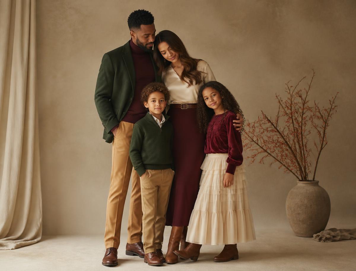 Gezin in op elkaar afgestemde outfits in groen, bordeaux, camel en crème